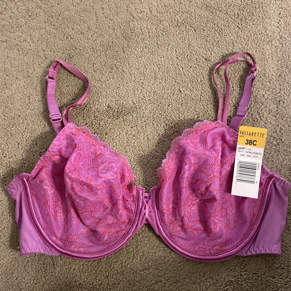 NWT VINTAGE VASSARETTE SPARKLING BLUSH UNDERWIRE UNLINED LACE OVERLAY BRA 38C